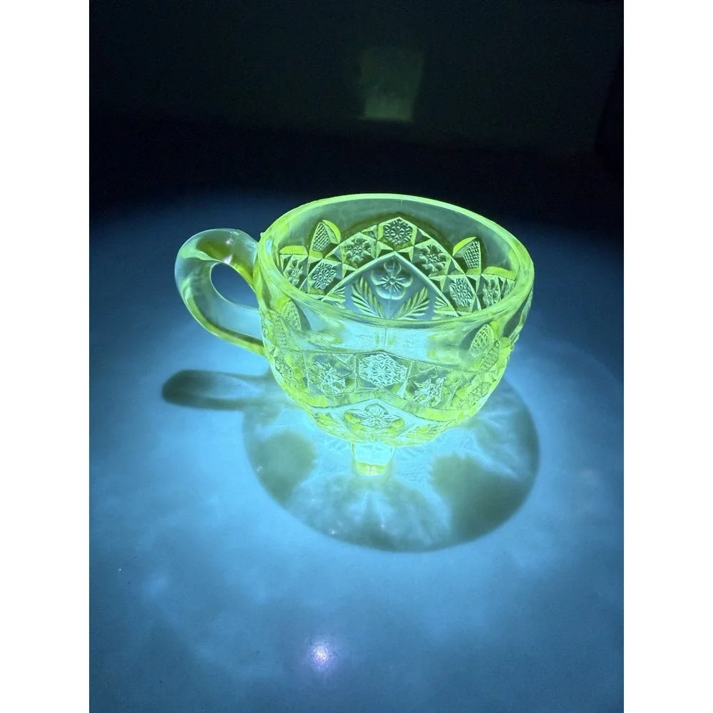 Uranium Glow Indian Glass Gaelic Footed Clear Punch Cup(s) with Handles 3 Total